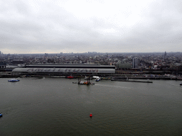 Boats in the IJ river and the city center with the Amsterdam Central Railway Station, viewed from the A`DAM Lookout Outdoor observation deck at the A`DAM Tower