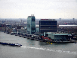 Boat in the IJ river, the Muziekgebouw aan `t IJ building, the Mövenpick Hotel Amsterdam City Centre and the UP Office Building, viewed from the A`DAM Lookout Outdoor observation deck at the A`DAM Tower