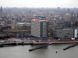 The IJ river, buildings at the De Ruijterkade street and the Posthoornkerk church, viewed from the A`DAM Lookout Outdoor observation deck at the A`DAM Tower