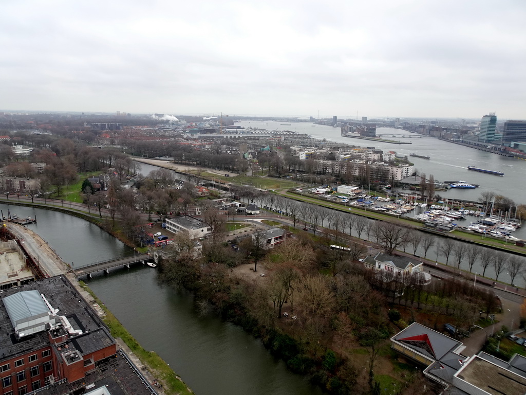 Boats in the IJ river and the northeast side of the city, viewed from the A`DAM Lookout Outdoor observation deck at the A`DAM Tower