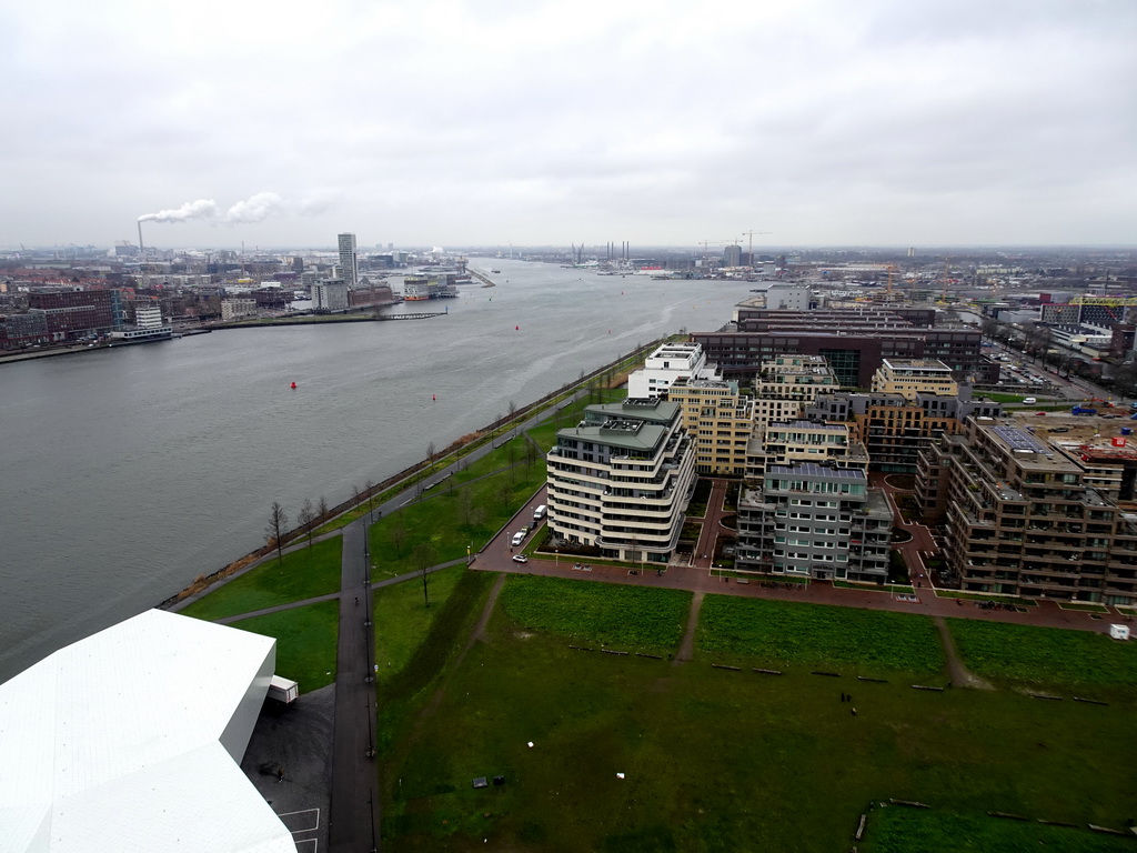 The IJ river and the Overhoeks neighbourhood, viewed from the A`DAM Lookout Outdoor observation deck at the A`DAM Tower