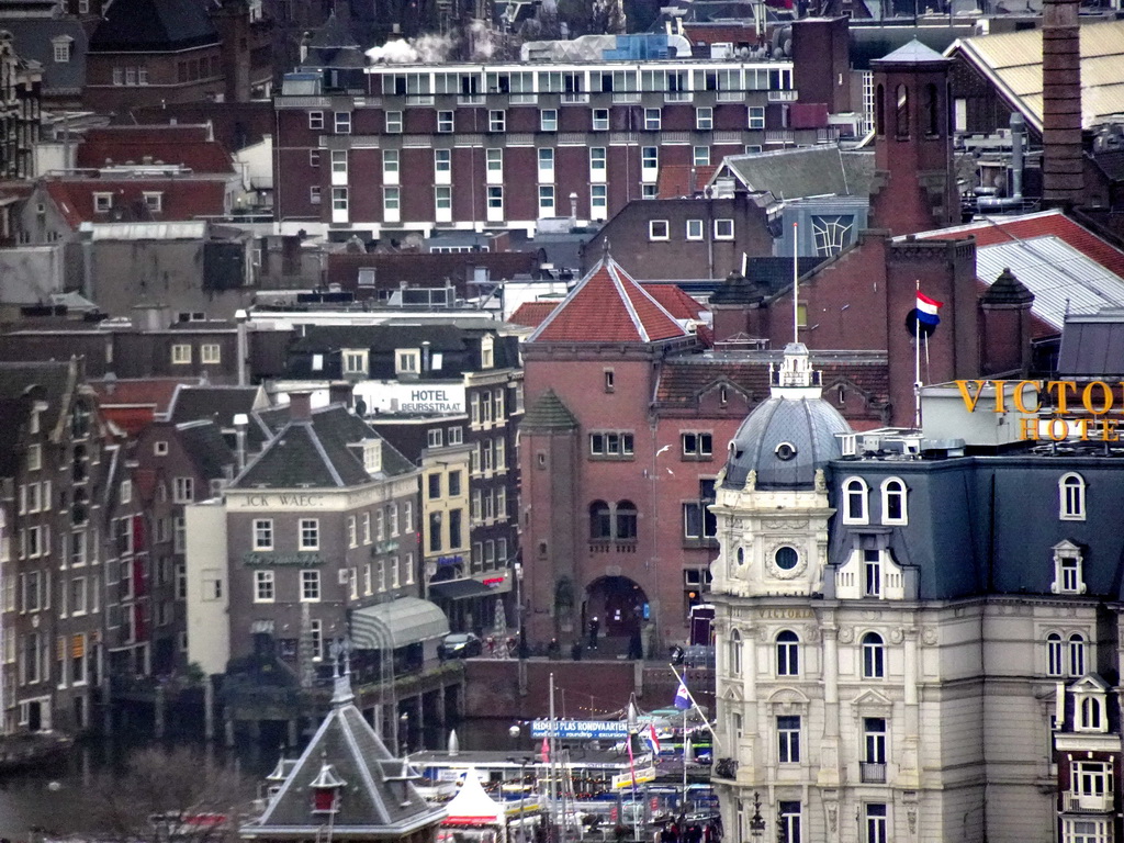 The Damrak street and the Beurs van Berlage building, viewed from the A`DAM Lookout Outdoor observation deck at the A`DAM Tower