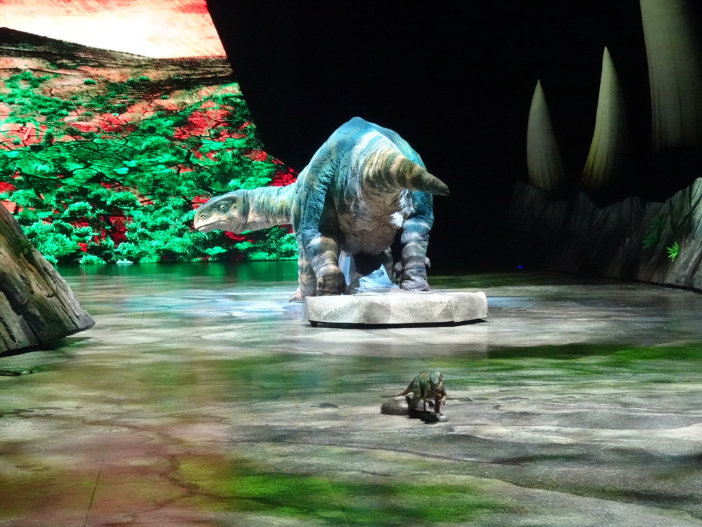 Plateosaurus statue and young Allosaurus statue at the stage of the Ziggo Dome, during the `Walking With Dinosaurs - The Arena Spectacular` show
