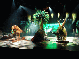 Stegosaurus statue and Allosaurus statue at the stage of the Ziggo Dome, during the `Walking With Dinosaurs - The Arena Spectacular` show