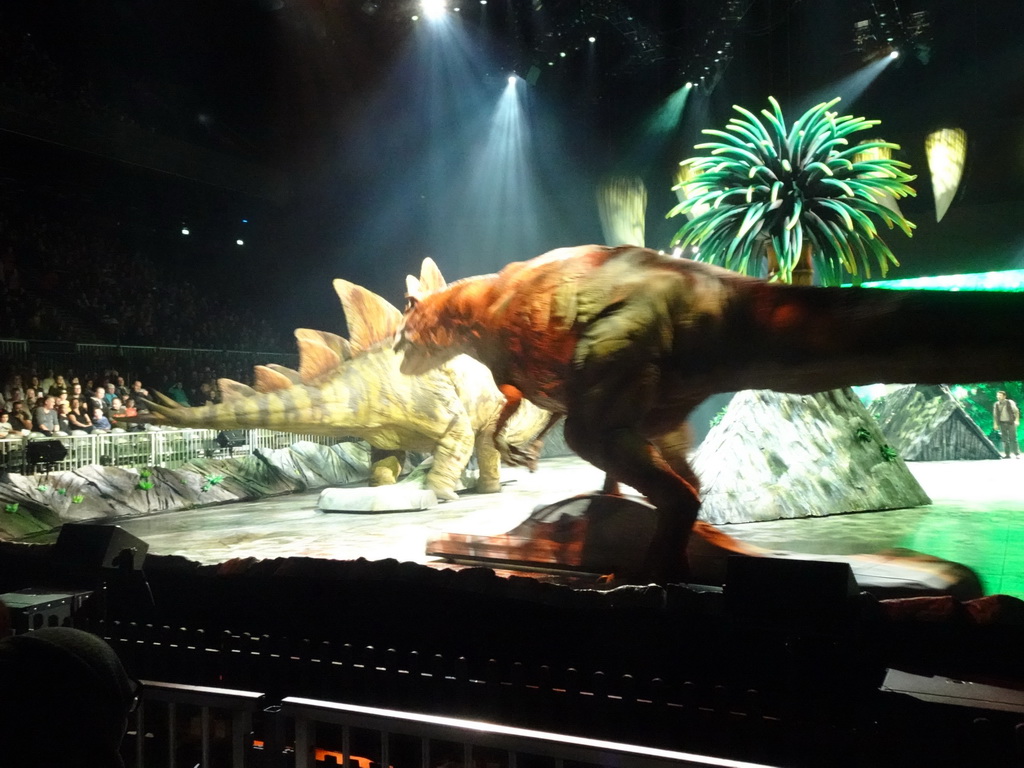 Stegosaurus statue and Allosaurus statue at the stage of the Ziggo Dome, during the `Walking With Dinosaurs - The Arena Spectacular` show