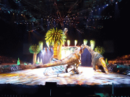 Brachiosaurus statues and Allosaurus statue at the stage of the Ziggo Dome, during the `Walking With Dinosaurs - The Arena Spectacular` show