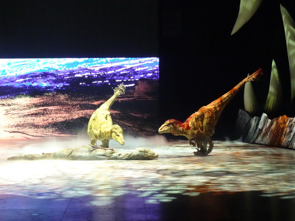 Utahraptor statues at the stage of the Ziggo Dome, during the `Walking With Dinosaurs - The Arena Spectacular` show