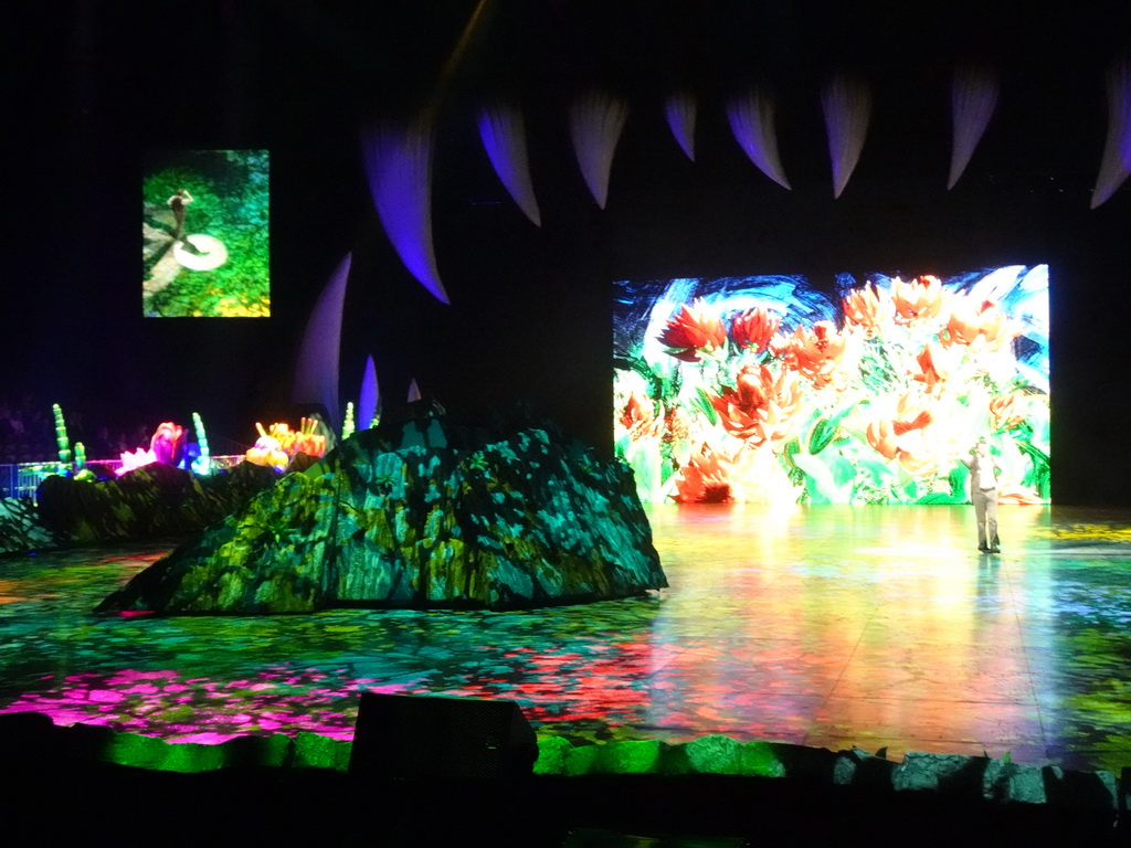 Actor, rocks and flowers at the stage of the Ziggo Dome, during the `Walking With Dinosaurs - The Arena Spectacular` show