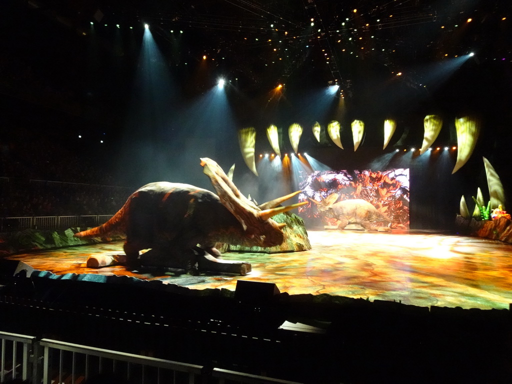 Torosaurus statues at the stage of the Ziggo Dome, during the `Walking With Dinosaurs - The Arena Spectacular` show