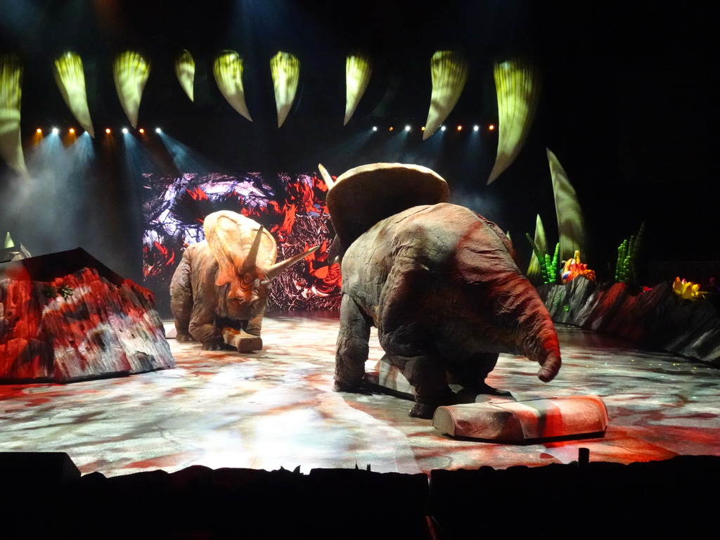Torosaurus statues at the stage of the Ziggo Dome, during the `Walking With Dinosaurs - The Arena Spectacular` show