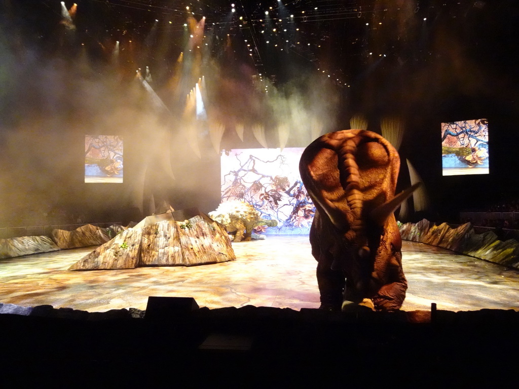 Torosaurus statue and Ankylosaurus statue at the stage of the Ziggo Dome, during the `Walking With Dinosaurs - The Arena Spectacular` show