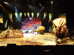 Ankylosaurus statue, young Tyrannosaurus Rex statue and Torosaurus statue at the stage of the Ziggo Dome, during the `Walking With Dinosaurs - The Arena Spectacular` show