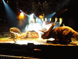Ankylosaurus statue, Tyrannosaurus Rex statues and Torosaurus statue at the stage of the Ziggo Dome, during the `Walking With Dinosaurs - The Arena Spectacular` show