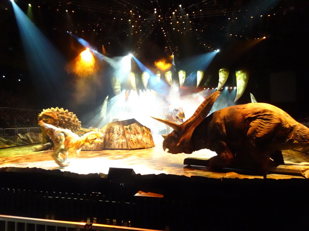 Ankylosaurus statue, Tyrannosaurus Rex statues and Torosaurus statue at the stage of the Ziggo Dome, during the `Walking With Dinosaurs - The Arena Spectacular` show