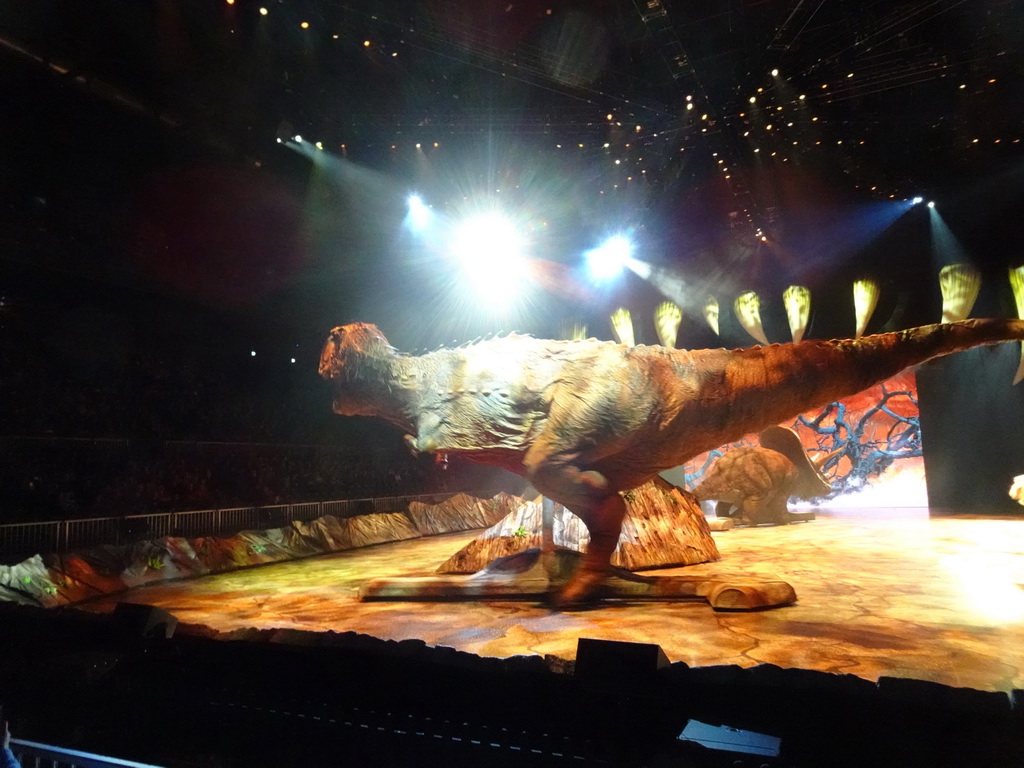 Tyrannosaurus Rex statue and Torosaurus statue at the stage of the Ziggo Dome, during the `Walking With Dinosaurs - The Arena Spectacular` show