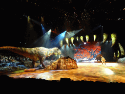 Tyrannosaurus Rex statues and Torosaurus statue at the stage of the Ziggo Dome, during the `Walking With Dinosaurs - The Arena Spectacular` show
