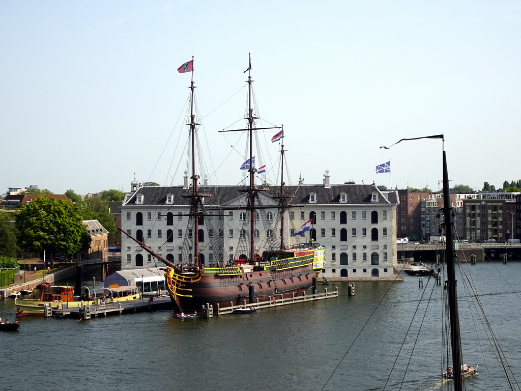The Oosterdok canal and the National Maritime Museum with the replica of the `Amsterdam` ship, viewed from the roof at the Fifth Floor of the NEMO Science Museum