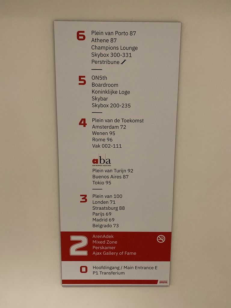 Information on the floors and rooms at the Johan Cruijff Arena