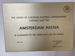 Certification for the UEFA Elite List of Stadia, at the ground floor of the Johan Cruijff Arena