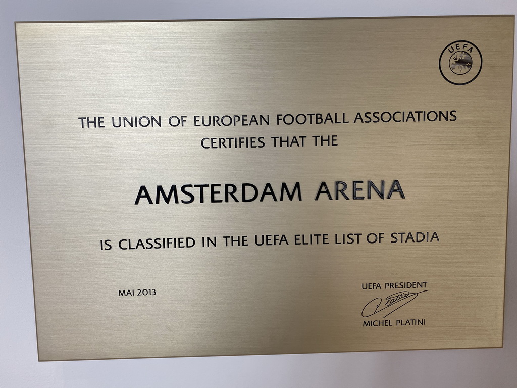 Certification for the UEFA Elite List of Stadia, at the ground floor of the Johan Cruijff Arena