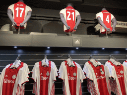 Ajax home shirts at the Ajax Fan Shop at the ground floor of the Johan Cruijff Arena