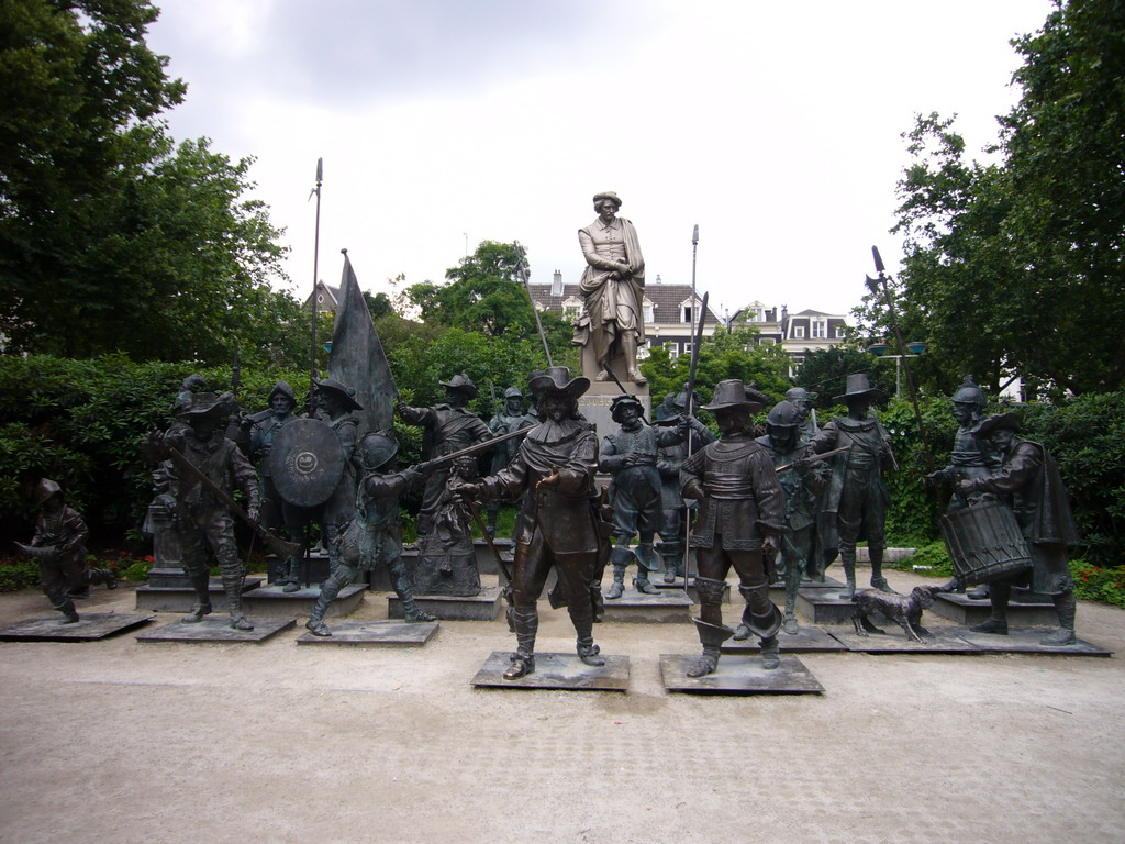 `Nightwatch 3D` statues and a statue of Rembrandt van Rijn at the Rembrandplein square