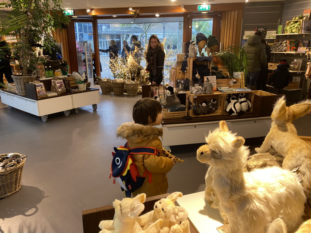 Max with a Leopard Shark toy at the souvenir shop of the Royal Artis Zoo