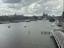 Boats on the Oosterdok canal, the Grand Hotel Amrâth Amsterdam, the Oude Kerk church, the Basilica of Saint Nicholas and the Sea Palace restaurant, viewed from the Fourth Floor of the NEMO Science Museum