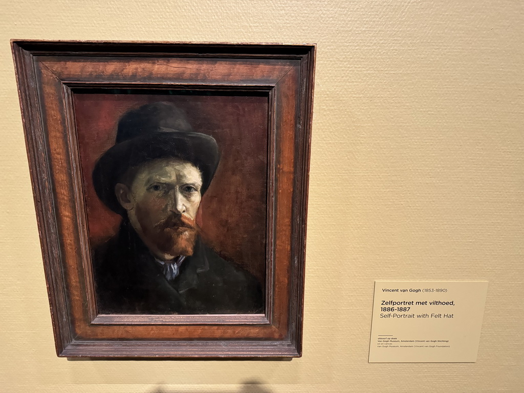 Painting `Self-Portrait with Felt Hat` by Vincent van Gogh at the first floor of the Van Gogh Museum, with explanation