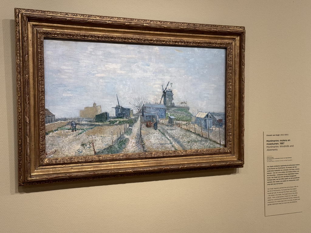 Painting `Montmartre: Windmills and Allotments` by Vincent van Gogh at the second floor of the Van Gogh Museum, with explanation