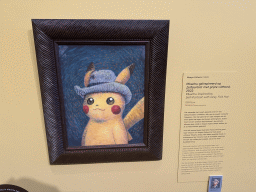 Painting `Pikachu inspired by Self-Portrait with Grey Felt Hat` by Naoyo Kimura at the `Pokémon at the Van Gogh Museum` exhibition at the second floor of the Van Gogh Museum, with explanation