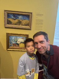 Tim and Max with the paintings `Corviknight inspired by Wheatfield with Crows` by Naoyo Kimura and `Munchlax and Snorlax inspired by The Bedroom` by Sowsow at the `Pokémon at the Van Gogh Museum` exhibition at the second floor of the Van Gogh Museum, with explanation