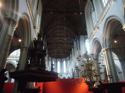 The pulpit, a chandelier and the nave of the Nieuwe Kerk church