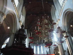 The pulpit, a chandelier and the nave of the Nieuwe Kerk church