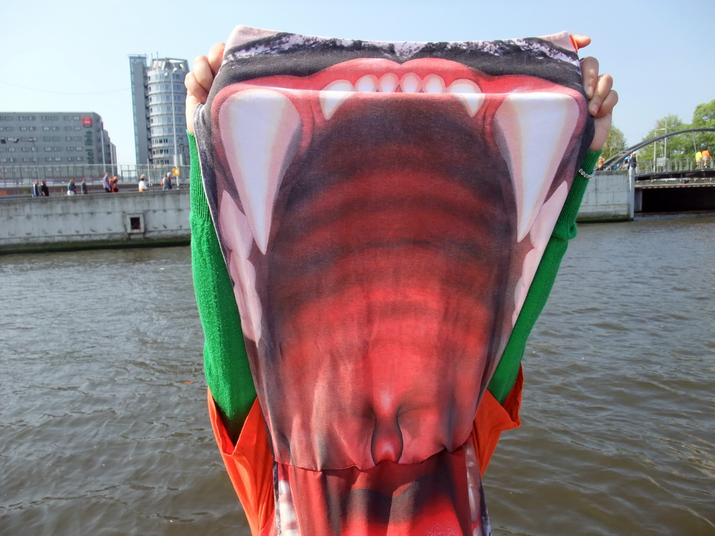 Miaomiao with orange lion shirt on the tour boat at the IJ river