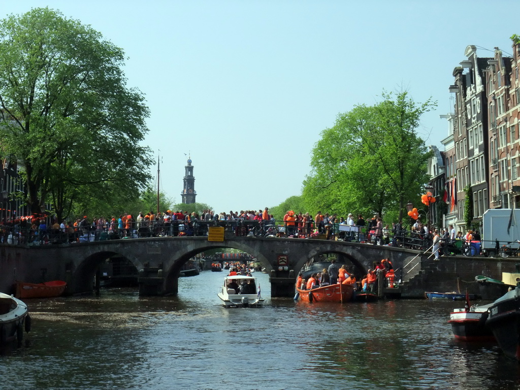 The Korte Prinsengracht canal, with the bridge at the crossing of the Brouwersgracht canal and the tower of the Westerkerk church