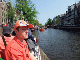 Robert, Anand and David on the tour boat at the Prinsengracht canal, with the bridge at the crossing of the Leliegracht canal