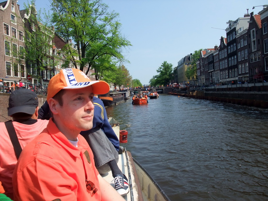 Robert, Anand and David on the tour boat at the Prinsengracht canal, with the bridge at the crossing of the Leliegracht canal
