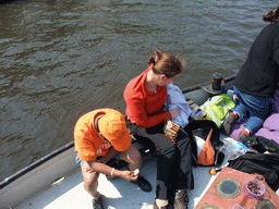 Irene and Jola on the tour boat at the Amstel river