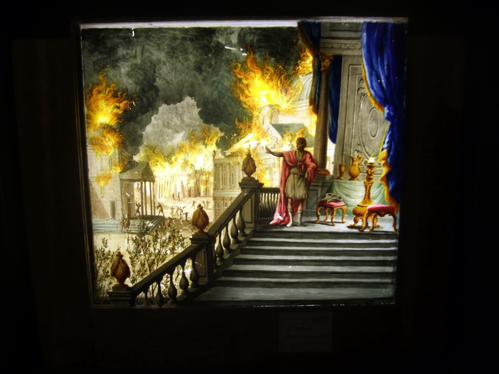Threedimensional picture of a city on fire, on the ground floor of the Rijksmuseum