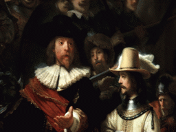 Close up of the painting `The Night Watch` or `The Shooting Company of Frans Banning Cocq`, by Rembrandt van Rijn, in the Gallery of Honour of the Rijksmuseum