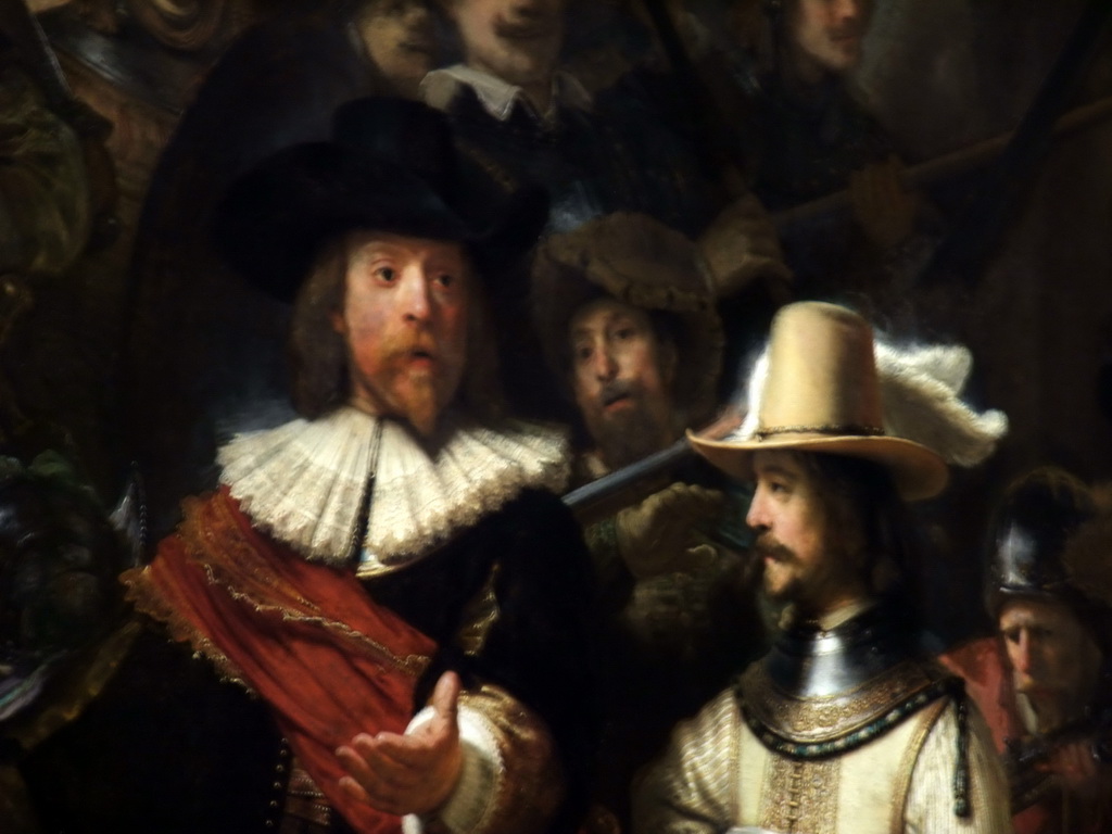 Close up of the painting `The Night Watch` or `The Shooting Company of Frans Banning Cocq`, by Rembrandt van Rijn, in the Gallery of Honour of the Rijksmuseum