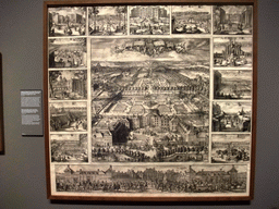 Drawing `Gezicht op Paleis Het Loo (vanuit vogelvluchtperspectief)`, by Romeyn de Hooghe, surrounded by other drawings, on the second floor of the Rijksmuseum