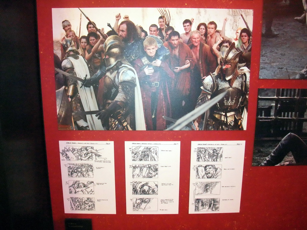 Photograph and storyboard of a scene with Joffrey Baratheon and the Hound at `Game of Thrones: the Exhibition` at the Posthoornkerk church