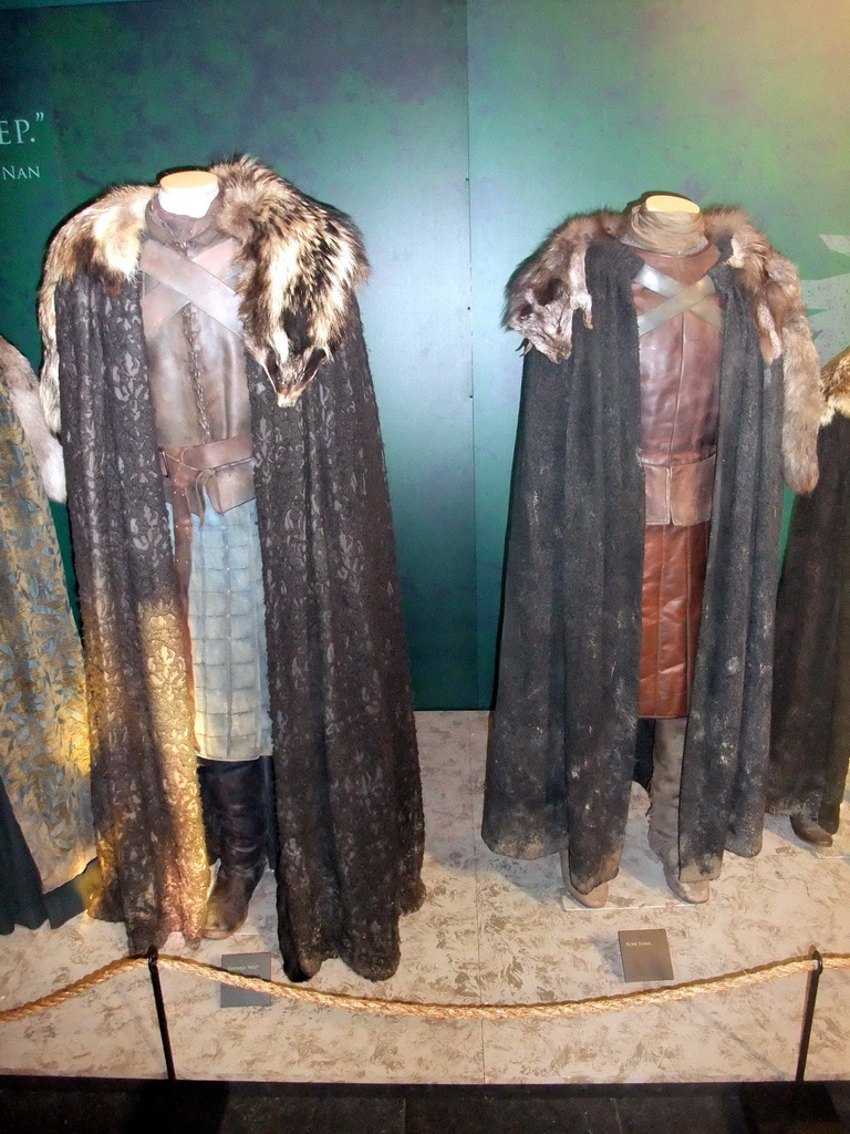 Costumes of Eddard and Robb Stark at `Game of Thrones: the Exhibition` at the Posthoornkerk church, with explanation