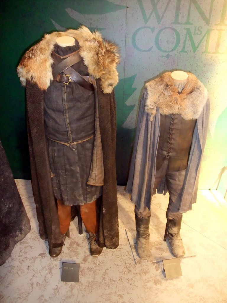 Costumes of Bran and Rickon Stark at `Game of Thrones: the Exhibition` at the Posthoornkerk church, with explanation