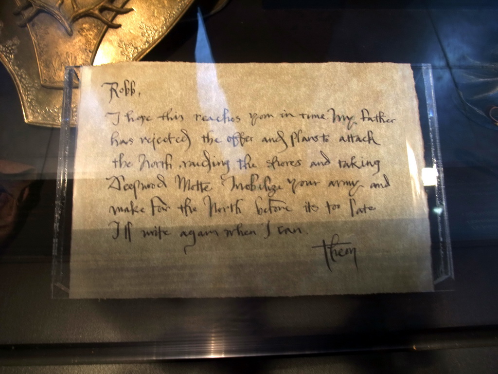 Letter from Theon Greyjoy to Robb Stark at `Game of Thrones: the Exhibition` at the Posthoornkerk church