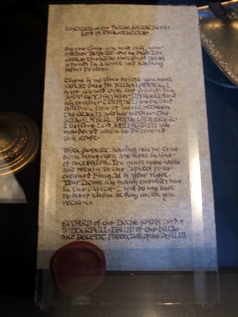 Letter from Eddard Stark to Stannis Baratheon at `Game of Thrones: the Exhibition` at the Posthoornkerk church