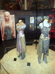 Costumes of Daenerys Targaryen at `Game of Thrones: the Exhibition` at the Posthoornkerk church, with explanation
