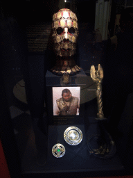 Mask of Quaithe, a staff and the vault key of Xaro Xhoan Daxos at `Game of Thrones: the Exhibition` at the Posthoornkerk church, with explanation
